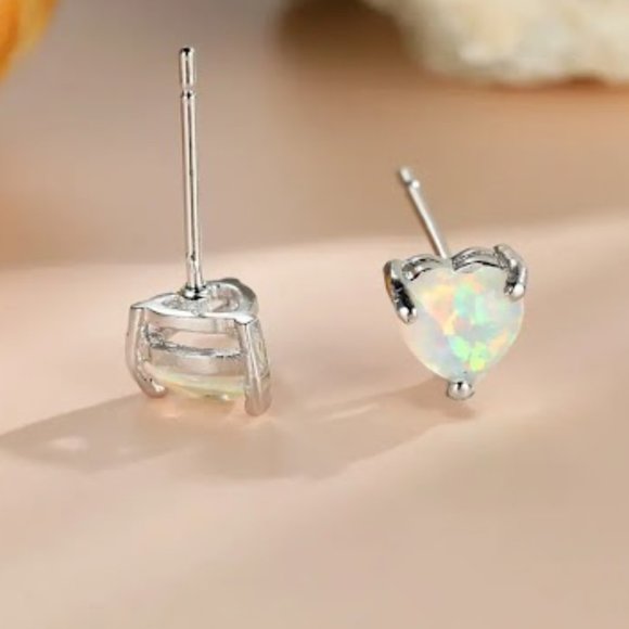 Dazzling White Opal Stone Silver Color Heart Stud Earrings - Picture 2 of 2